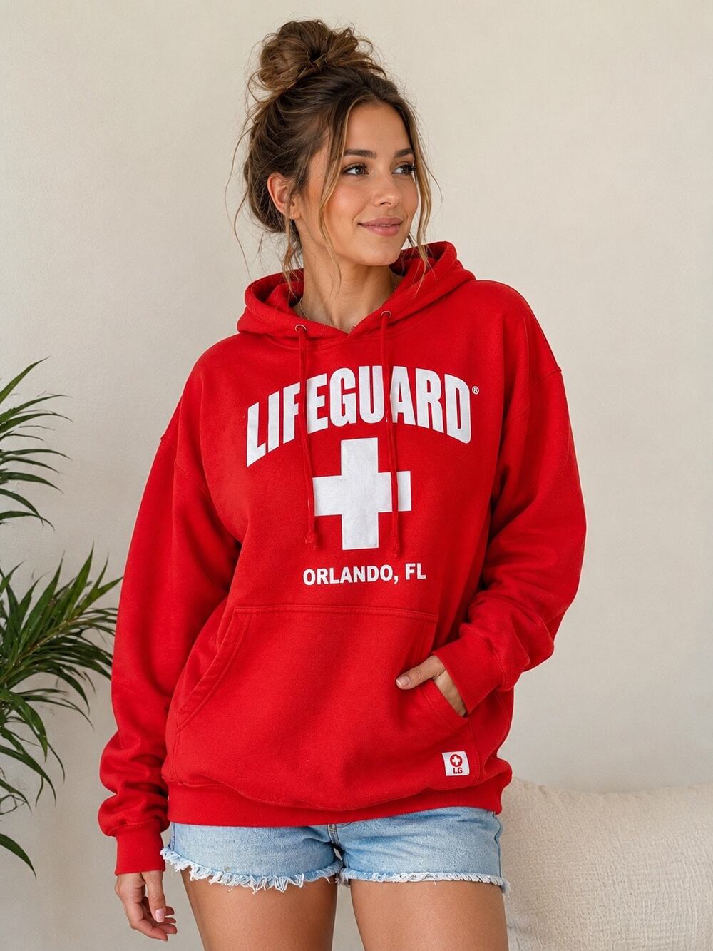 Lifeguard Orlando FL Red Hoodie Sweatshirt Size M Graphic Beach Surf Unisex